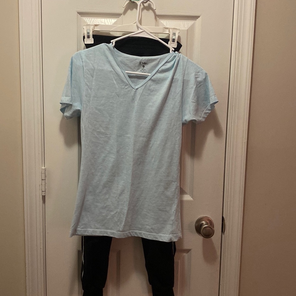Blue 100% Cotton t-shirt with black sweatpants!! Perfect match:)